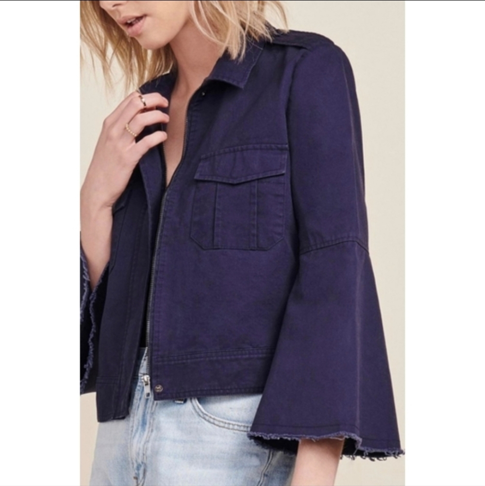 BB Dakota Navy Blue Jennie Army Jacket Boho Flared Bell Sleeve Raw Hem szL